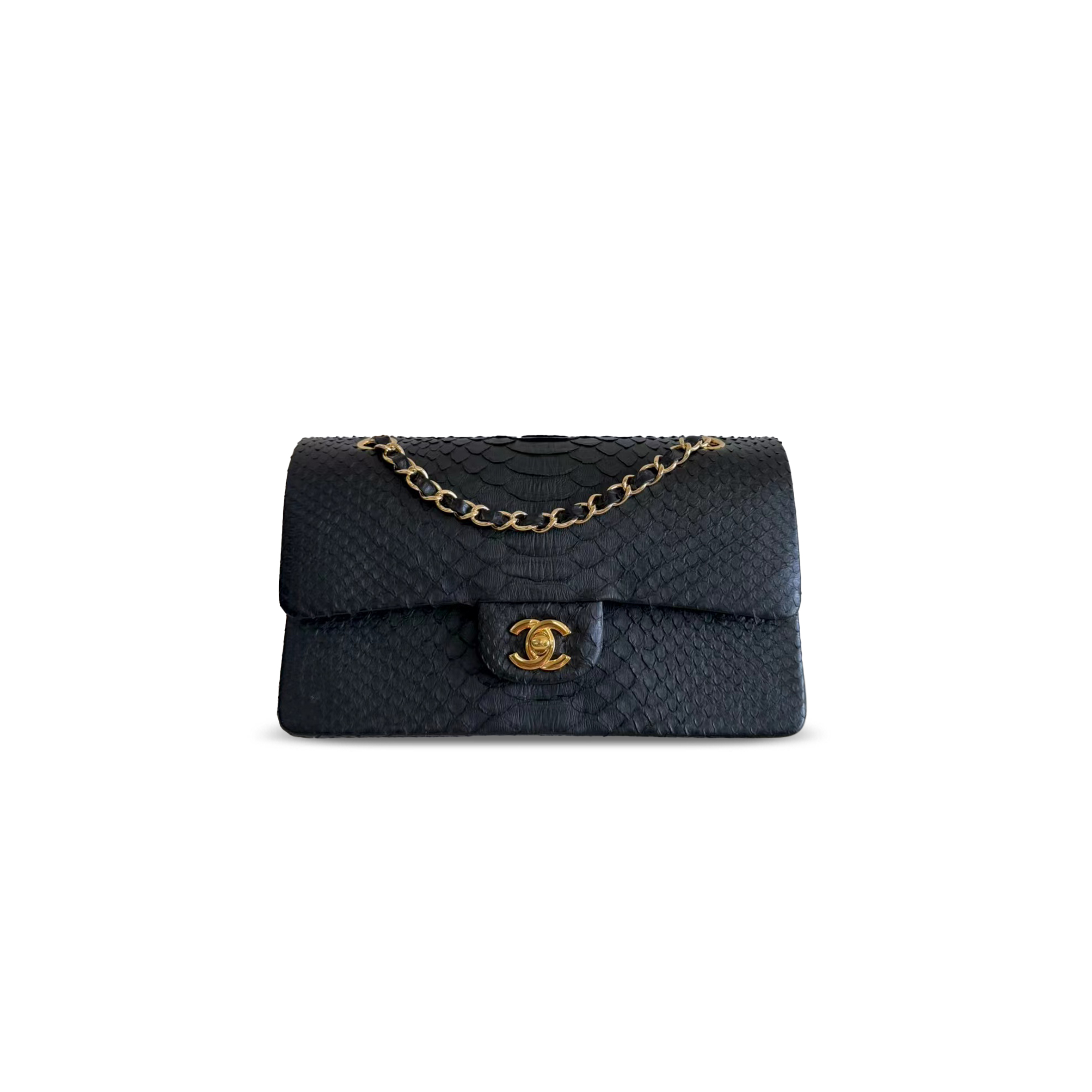 CHANEL MASTER BLACK PYTHON MEDIUM CLASSIC DOUBLE FLAP GOLD HARDWARE 4152760 (25.5*15.5*6.5cm)
